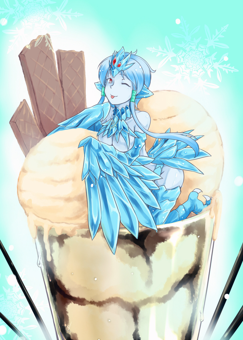 ;p anivia blue_hair blue_skin breasts chocolate feathered_wings feathers food glass harpy highres ice_cream in_food kneeling league_of_legends medium_breasts minigirl monster_girl nam_(valckiry) one_eye_closed parfait personification red_eyes shiny shiny_skin short_hair short_hair_with_long_locks snowflakes talons tongue tongue_out wafer wings