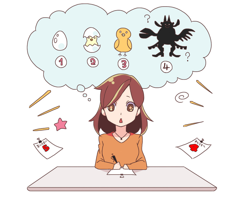 1girl :o ? artist_request bird calendar_(object) chick commentary drawing_board egg heart highres higuchi_(trigger) jewelry looking_at_viewer monster necklace official_art paper parted_lips pen promotional_art simple_background sitting star table thought_bubble trigger_(company)