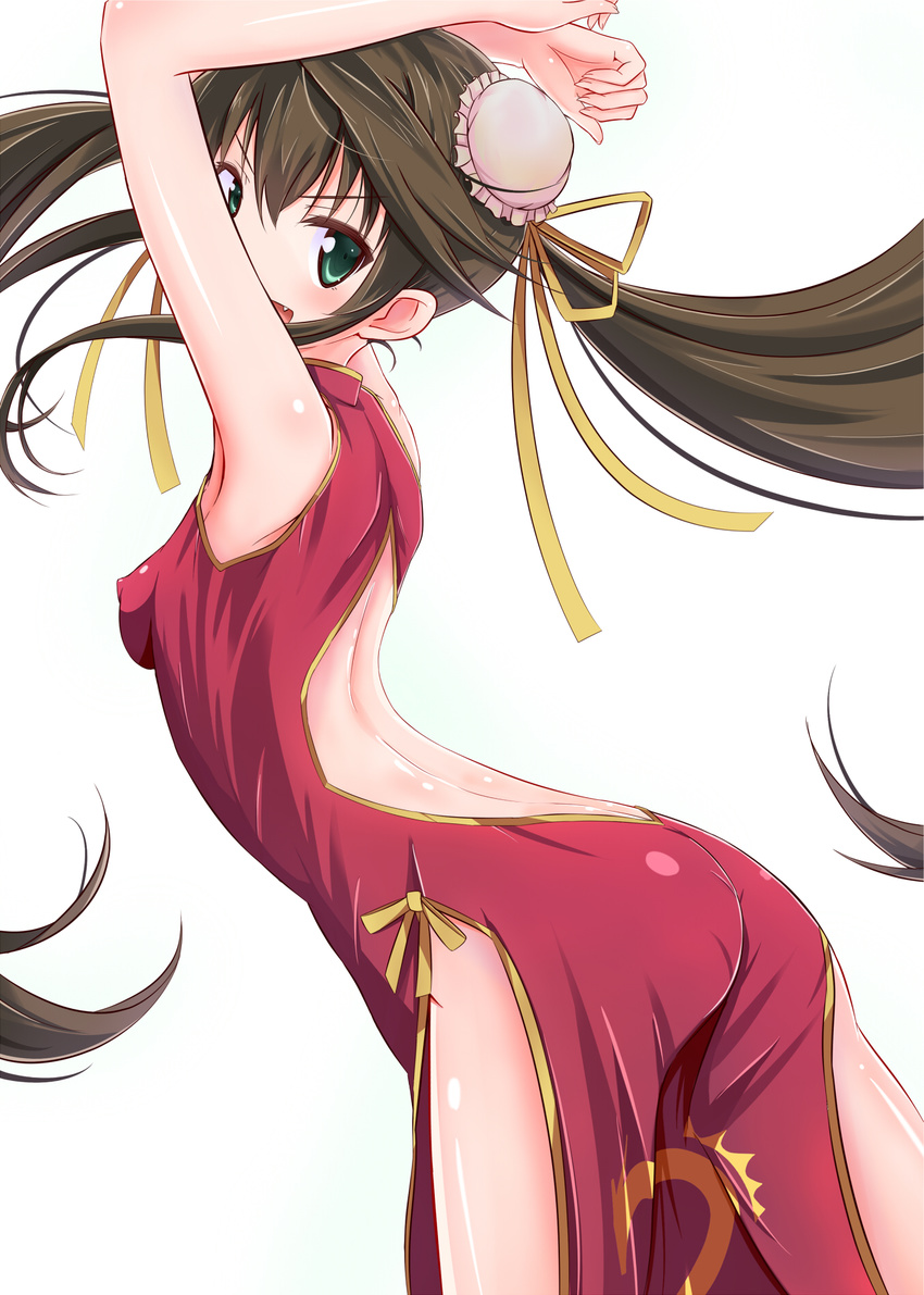 :d alternate_costume arched_back armpits arms_up ass back back_cutout backless_outfit bad_id bad_pixiv_id bangs bare_back black_hair blush breasts bun_cover china_dress chinese_clothes covered_nipples cowboy_shot double_bun dress fang fingernails flipped_hair floating_hair from_side green_eyes hair_ribbon halterneck highres huang_lingyin impossible_clothes impossible_dress infinite_stratos long_fingernails long_hair mikanmelon open_mouth red_dress ribbon side_slit sidelocks simple_background sleeveless sleeveless_dress small_breasts smile solo standing turtleneck twintails very_long_hair white_background