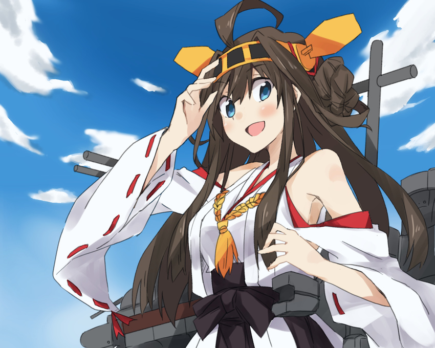 :d blue_eyes blush brown_hair cloud day detached_sleeves double_bun hairband hao_(patinnko) japanese_clothes kantai_collection kongou_(kantai_collection) long_hair long_sleeves looking_at_viewer open_mouth skirt sky smile solo wide_sleeves