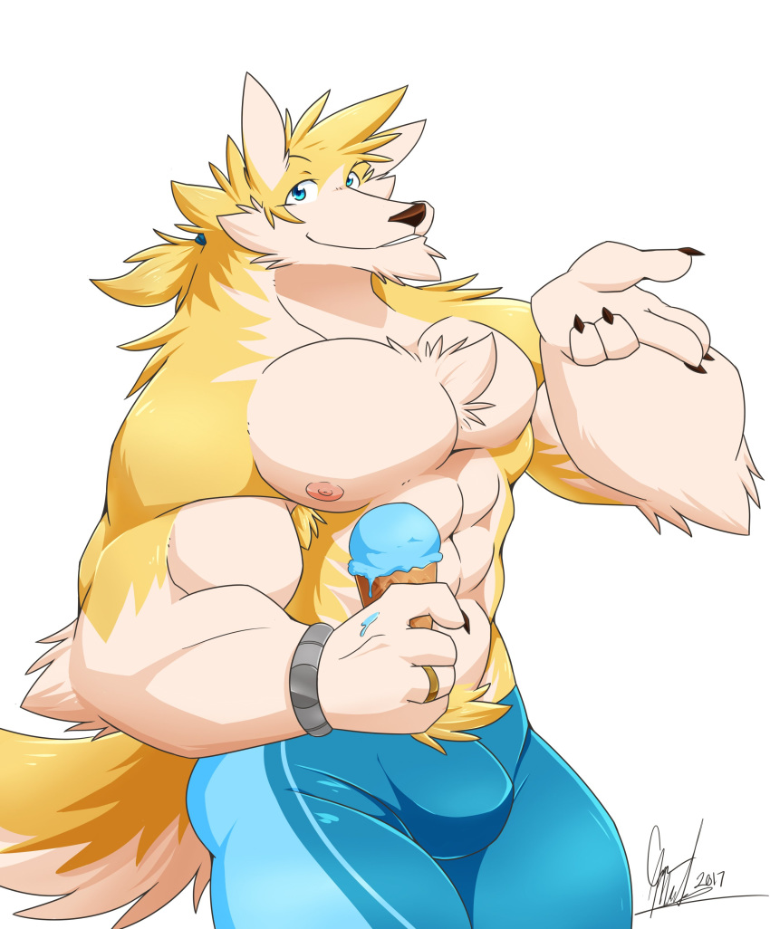 anthro armpit_hair bulge canine clothed clothing daikitei dessert food ice_cream looking_at_viewer male mammal muscular muscular_male smile solo standing topless