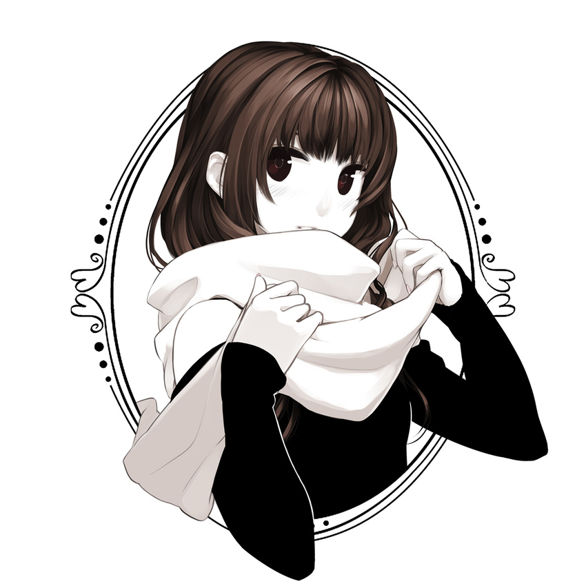 bare_shoulders black_shirt blush brown_eyes brown_hair commentary english_commentary fingernails frame highres long_hair looking_at_viewer monochrome original poaro scarf shirt solo spot_color white_background white_skin