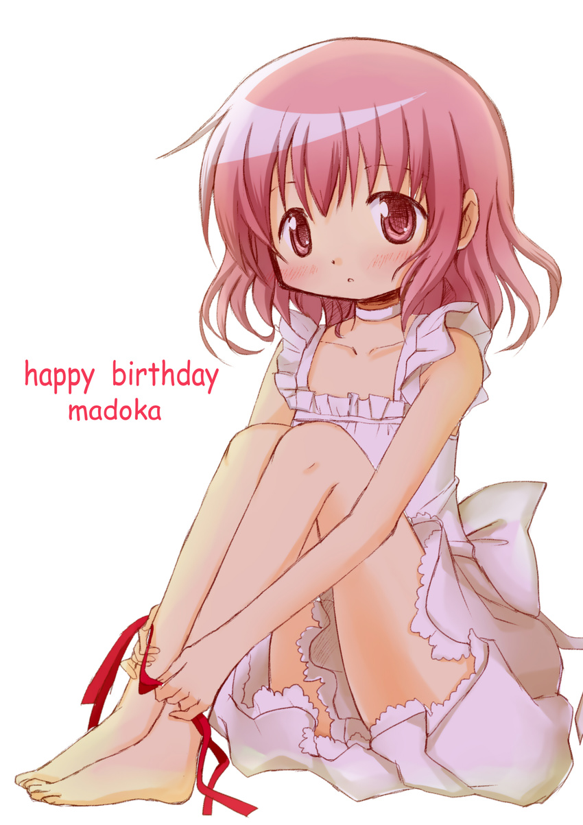 absurdres bare_shoulders barefoot blush choker dress full_body hair_down highres kaname_madoka looking_at_viewer mahou_shoujo_madoka_magica pink_eyes pink_hair ribbon_choker short_hair simple_background solo tsubaki_(tatajd) white_background white_dress