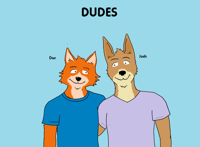 blue_background canine clothed clothing countershading dan duo fox friends fur josh kangaroo male mammal marsupial paintfox plain_background plain_backround shirt tagging_guidelines_illustrated text the_crappy_paint_job