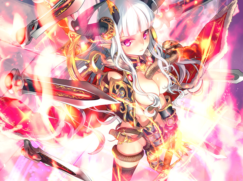 belt breasts cape character_request dagger demon_girl demon_horns eigou_no_venus_gear gauntlets hair_censor horns large_breasts pink_eyes pointy_ears snake solo sword weapon white_hair yamacchi