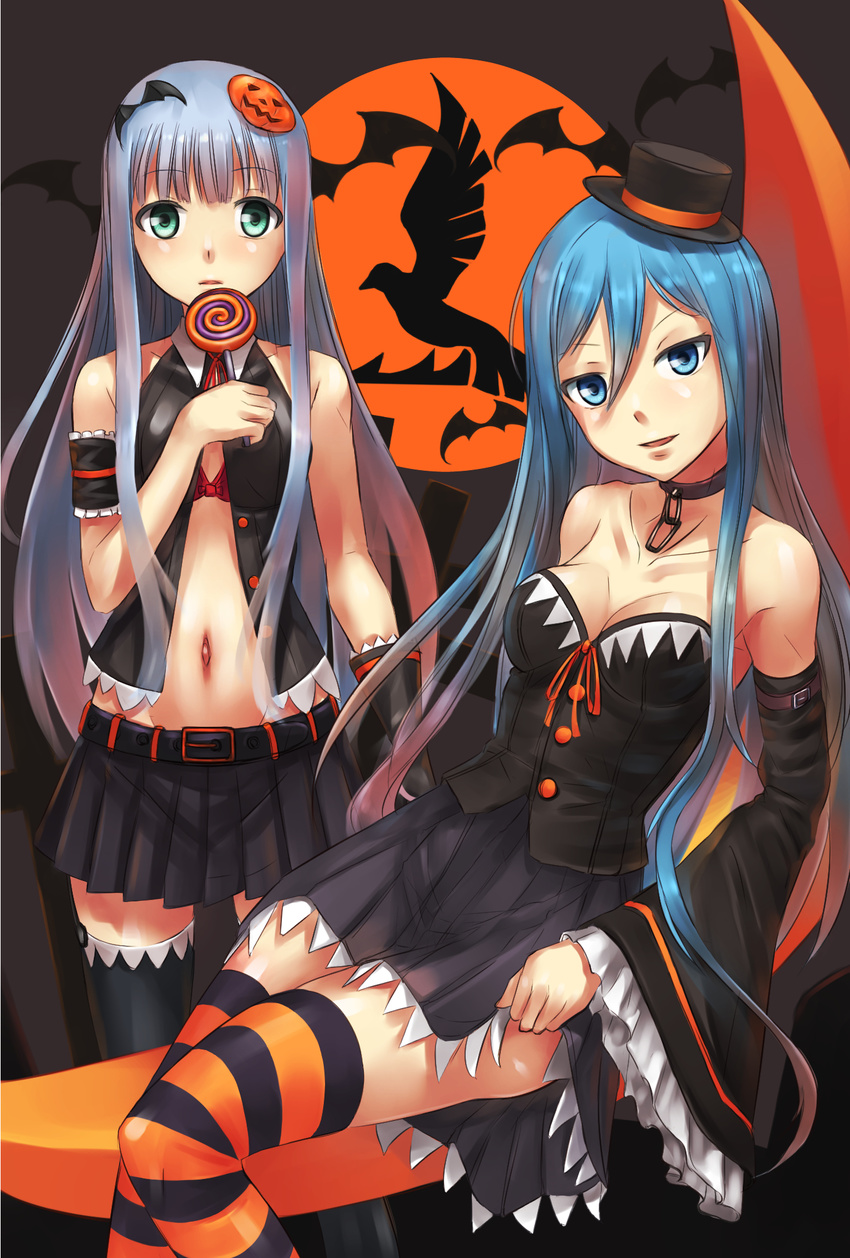 aoki_hagane_no_arpeggio arm_garter bat bat_wings belt bird black_legwear blue_eyes blue_hair blush breasts buttons candy chain cleavage collar corset crescent_moon detached_sleeves food food_themed_hair_ornament garter_straps gloves green_eyes hair_ornament halloween halloween_costume hat highres holding iona lollipop long_hair looking_at_viewer medium_breasts mini_hat mini_top_hat miniskirt moon multiple_girls nanjyolno navel open_mouth orange_legwear personification pleated_skirt pumpkin_hair_ornament ribbon silhouette sitting skirt small_breasts smile standing striped striped_legwear takao_(aoki_hagane_no_arpeggio) thighhighs top_hat unbuttoned vest wings