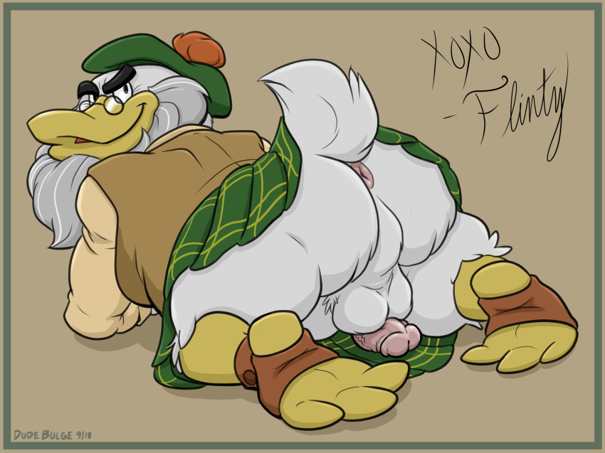 2018 3_toes all_fours anthro anus avian balls beard bird black_eyes brown_background butt duck dudebulge eyewear facial_hair feathers flintheart_glomgold glasses hi_res inviting kilt looking_at_viewer looking_back male old open_mouth penis presenting presenting_hindquarters rear_view signature simple_background solo toes vein veiny_penis white_feathers