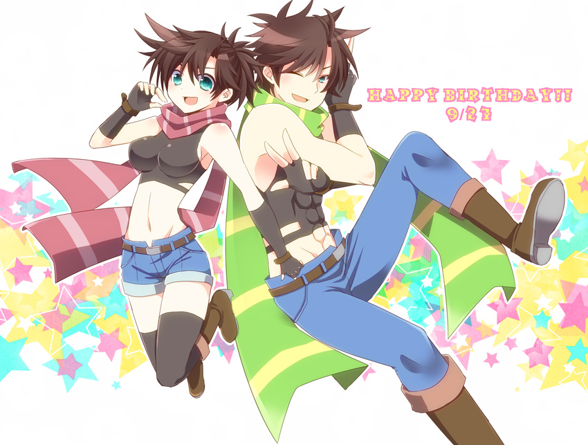 1girl aji_paba black_legwear blue_hair boots breasts brown_hair dual_persona genderswap genderswap_(mtf) green_eyes happy_birthday highres impossible_clothes impossible_shirt jojo_no_kimyou_na_bouken joseph_joestar_(young) medium_breasts midriff ponytail scarf shirt sideboob thighhighs v zettai_ryouiki