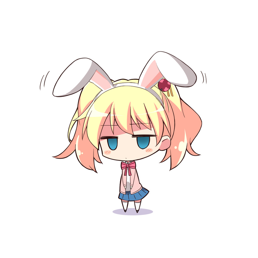 alice_cartelet animal_ears blonde_hair blue_eyes blush_stickers bow bunny_ears cardigan chibi gia_kon hair_ornament highres jitome kin-iro_mosaic looking_at_viewer school_uniform shadow short_hair skirt solid_circle_eyes solo standing thighhighs twintails white_background