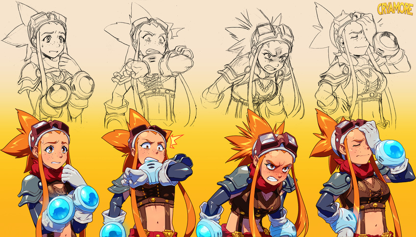 1girl angry bandana blush breasts concept_art crop_top cryamore cryamore_condenser detached_sleeves esmyrelda_maximus expressions facepalm freckles gloves goggles goggles_on_head highres long_hair md5_mismatch medium_breasts midriff multiple_views navel official_art orange_eyes orange_hair pauldrons resized robert_porter sidelocks spiked_hair suspenders sweatdrop upscaled white_gloves
