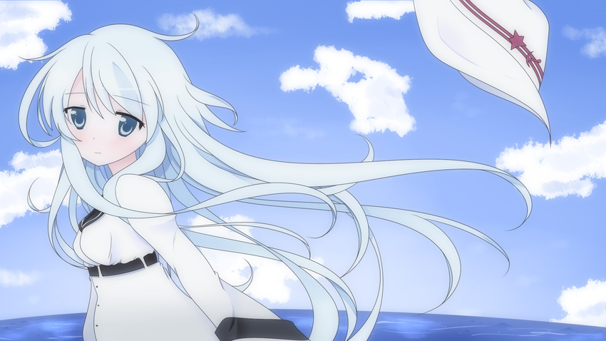 anime_coloring blue_eyes blue_hair cloud hat hat_removed headwear_removed hibiki_(kantai_collection) highres kantai_collection long_hair looking_at_viewer ocean sky solo vagina_stroke verniy_(kantai_collection) water