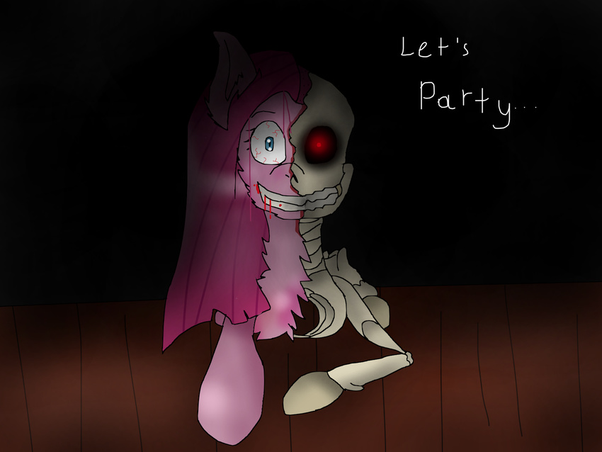 blood blue_eye bone cottonee7 dialog english_text equine female feral friendship_is_magic fur glowing_eyes hair horse long_hair looking_at_viewer lying my_little_pony on_front open_mouth pink_fur pink_hair pinkamena_(mlp) pinkie_pie_(mlp) pony red_eye skeleton skull smile solo teeth text torn_skin wood