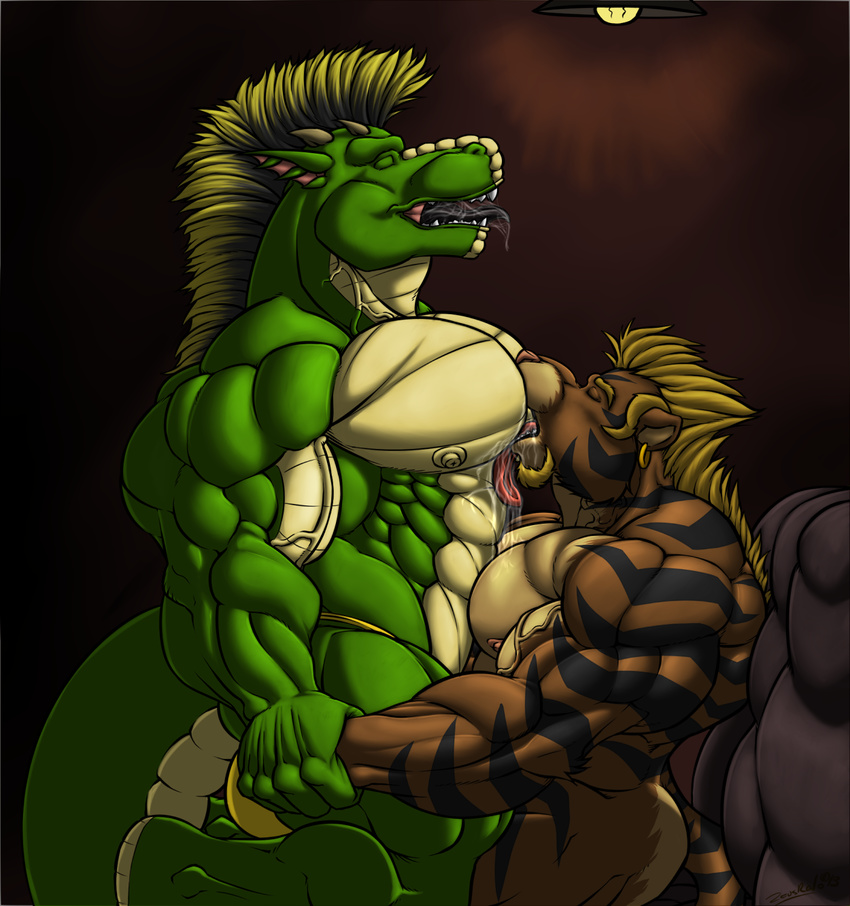 abs anthro beast biceps big_muscles black_background black_fur black_tongue blonde_hair body_markings brown_fur bulge butt chest dragon drooling duo ear_piercing eyes_closed fangs feline fur gay green_dragon green_skin gripping hair holding horn huge huge_muscles hybrid interspecies invalid_tag kneeling licking liger lion lovers male mammal markings muscles nipples nude open_mouth pecs piercing pink_nose plain_background pose reptile saliva scales scalie side_view sitting size_difference speedo standing stripes swimsuit tan_fur teeth thong thoran tiger toned tongue tongue_out topless troran vein yellow_skin zeusralo zeusralo_(character)
