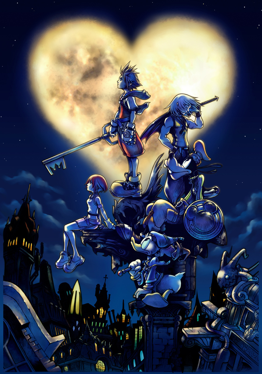 disney donald_duck everyone goofy highres kairi keyblade kingdom_hearts kingdom_hearts_i moon nomura_tetsuya official_art riku sora_(kingdom_hearts)