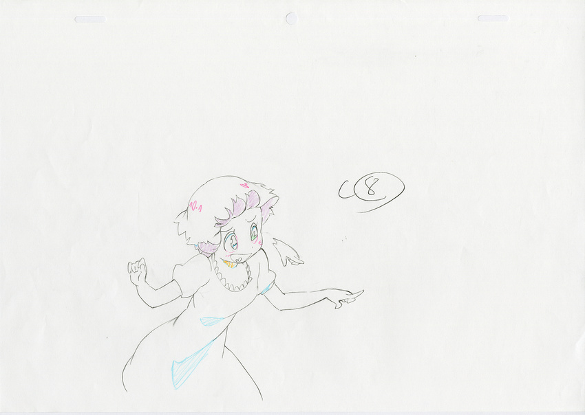 blush color_trace commentary dress highres key_frame kill_la_kill laughing mankanshoku_mako nightgown official_art partially_colored production_art short_hair sigh simple_background sketch skirt trigger_(company) white_background