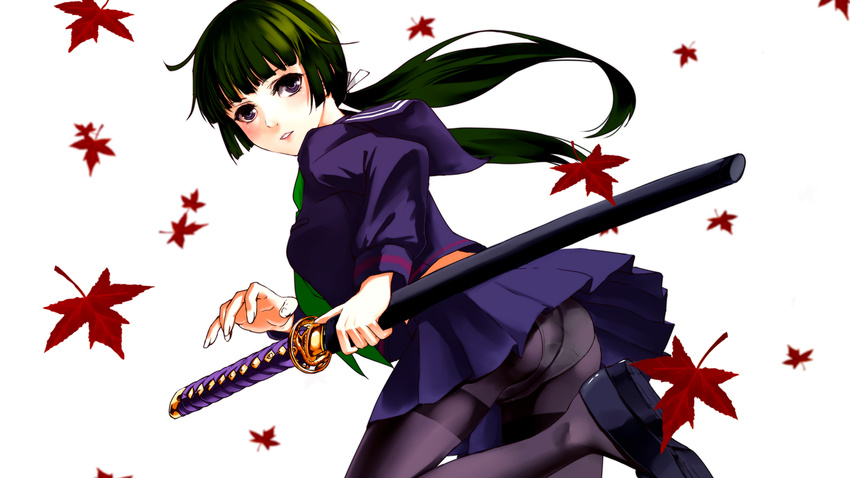 green_hair katana leaves mizuki_ame original panties pantyhose ponytail purple_eyes seifuku sword underwear weapon