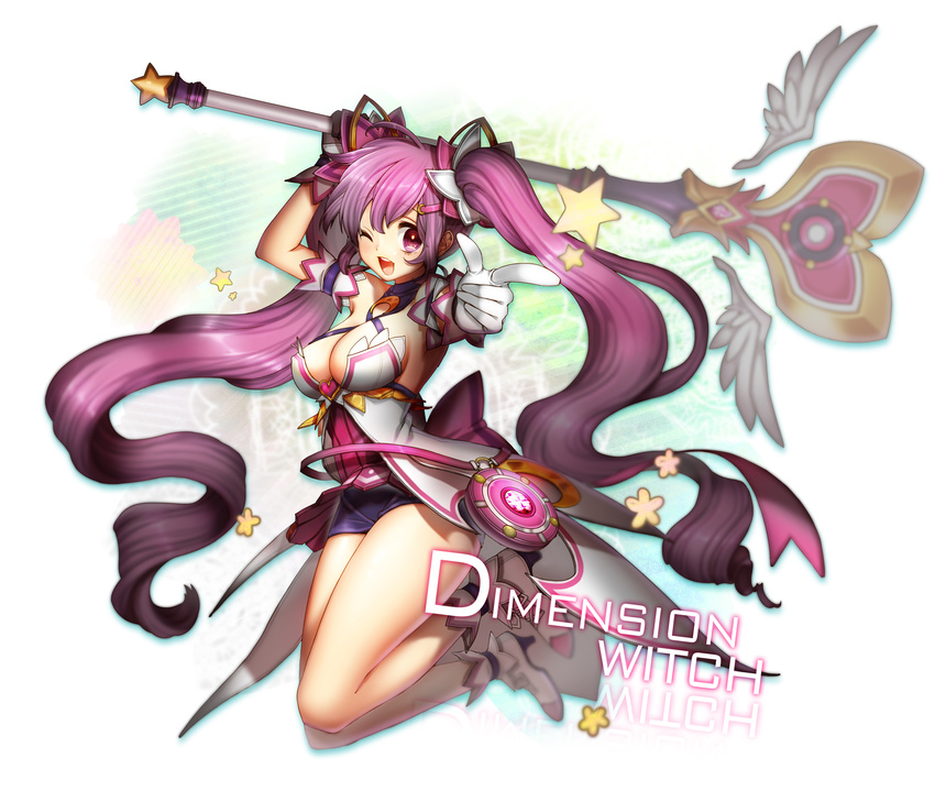 aisha_(elsword) bad_id bad_pixiv_id bare_legs breasts cleavage dimension_witch_(elsword) elsword full_body gloves highres holding holding_wand large_breasts limble long_hair miniskirt one_eye_closed pointing purple_eyes purple_hair purple_skirt shoes skirt smile solo staff star twintails wand