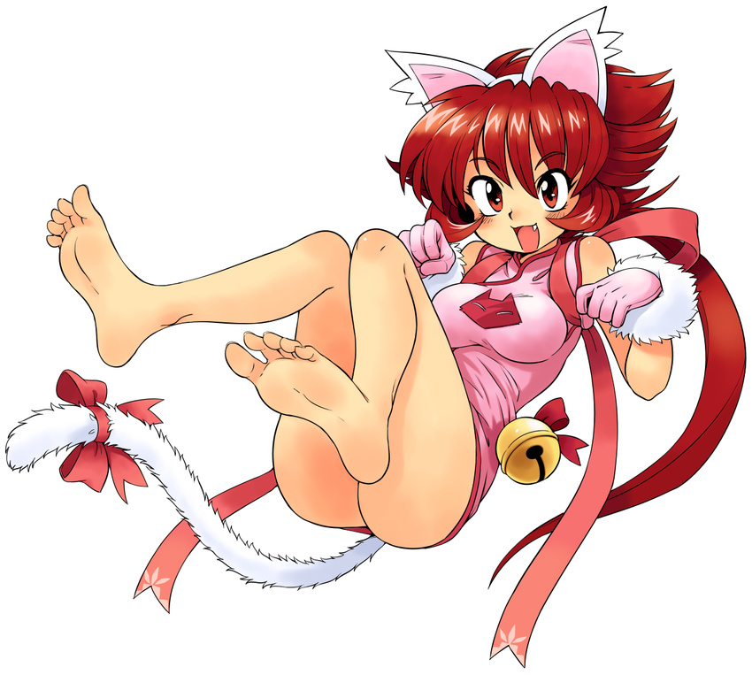 :3 :d animal_ears animal_print ass bangs bare_shoulders barefoot bell blush bow breasts cat_ears cat_print cat_tail china_dress chinese_clothes chuukana_janshi_tenhou_pai-nyan dress fang feet flipped_hair full_body fur_trim gloves jingle_bell legs legs_up long_hair looking_at_viewer low_ponytail medium_breasts no_panties open_mouth oyatsu_(mk2) paw_pose pink_gloves ponytail red_eyes red_hair ribbon short_dress simple_background smile soles solo tail tail_bow tail_ribbon tenhou_pai-nyan toes very_long_hair white_background