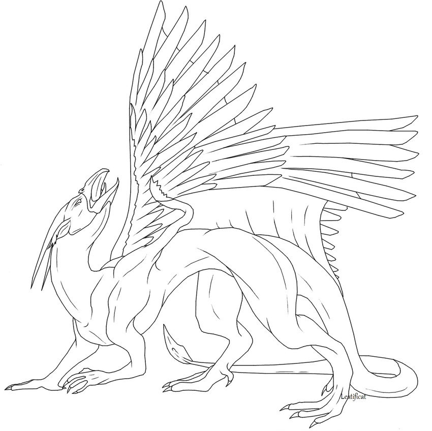 beak black_and_white claws feathers feral gryphon leatificat monochrome plain_background sketch solo tongue white_background wings