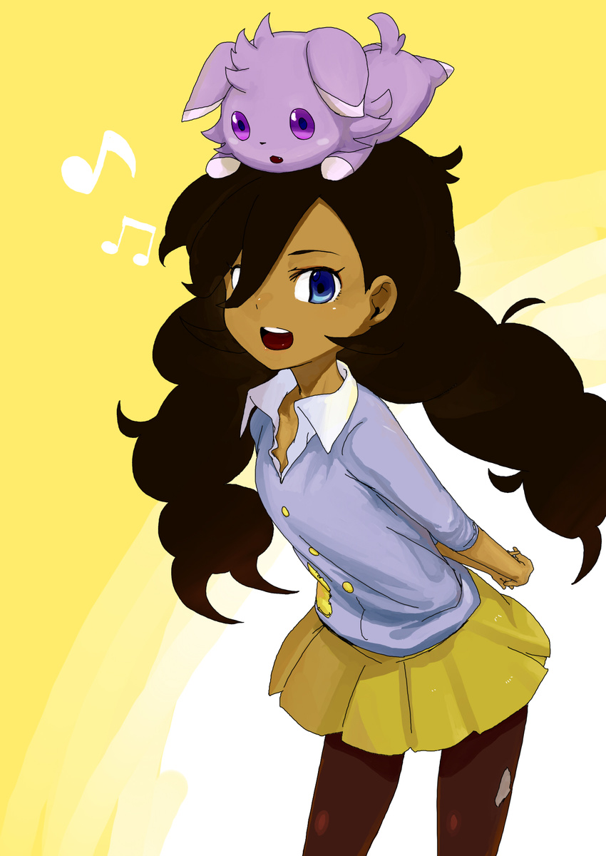 adashino_(kuusou_missile) animal animal_on_head black_hair blue_eyes braid dark_skin espurr gen_6_pokemon highres long_hair matiere_(pokemon) musical_note on_head pantyhose patches pokemon pokemon_(creature) pokemon_(game) pokemon_on_head pokemon_xy twin_braids