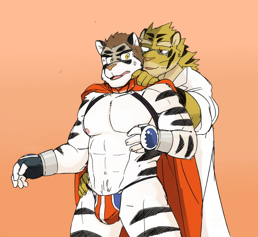 abs anthro biceps build_tiger buttertoast cosplay duo eyewear feline from_behind gay genchi glasses male mammal muscles nipples pecs standing tiger white_tiger