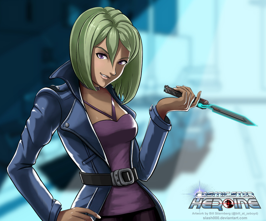 artist_name belt bill_stiernberg blonde_hair commentary copyright_name cosmic_star_heroine english_commentary hand_on_hip highres knife lauren_gambino lips looking_at_viewer official_art parted_lips popped_collar purple_eyes solo watermark web_address