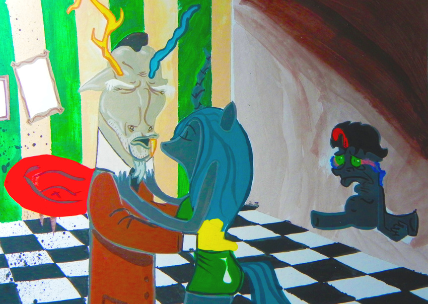 anthro antler antlers black_body black_hair blue_hair breasts changeling discord_(mlp) draconequus drawing equine esprites eye_mist eyes_closed female feral friendship_is_magic group hair horn horse king_sombra_(mlp) kissing long_hair male mammal my_little_pony open_mouth painting parody pony queen_chrysalis_(mlp) sad traditional_media unicorn winged_unicorn wings