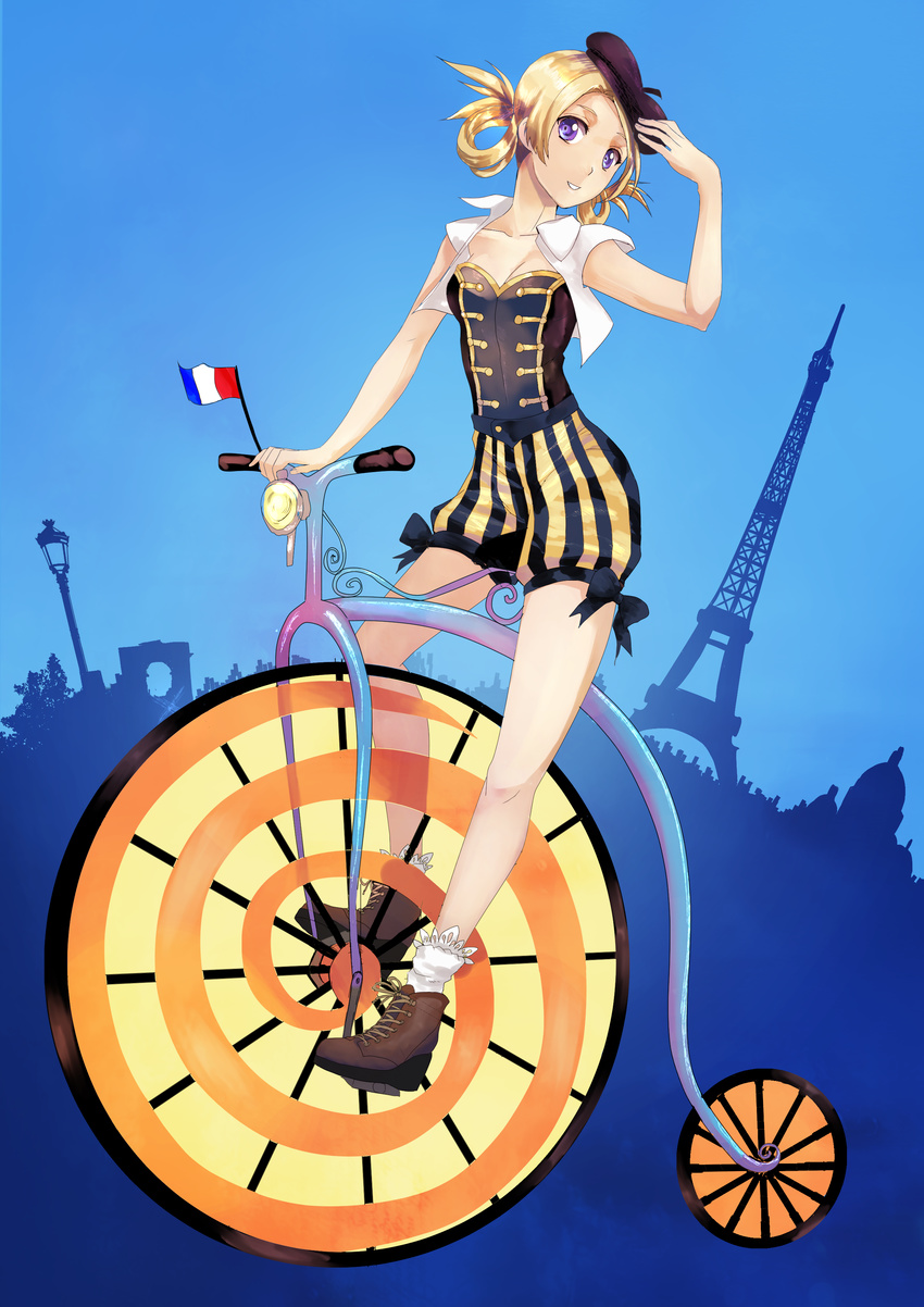 absurdres beret bicycle blonde_hair blue_background bow cityscape commentary eiffel_tower flag france french_flag ground_vehicle hair_rings hat head_tilt highres landmark looking_at_viewer nekozumi orangina original parted_lips purple_eyes smile solo striped
