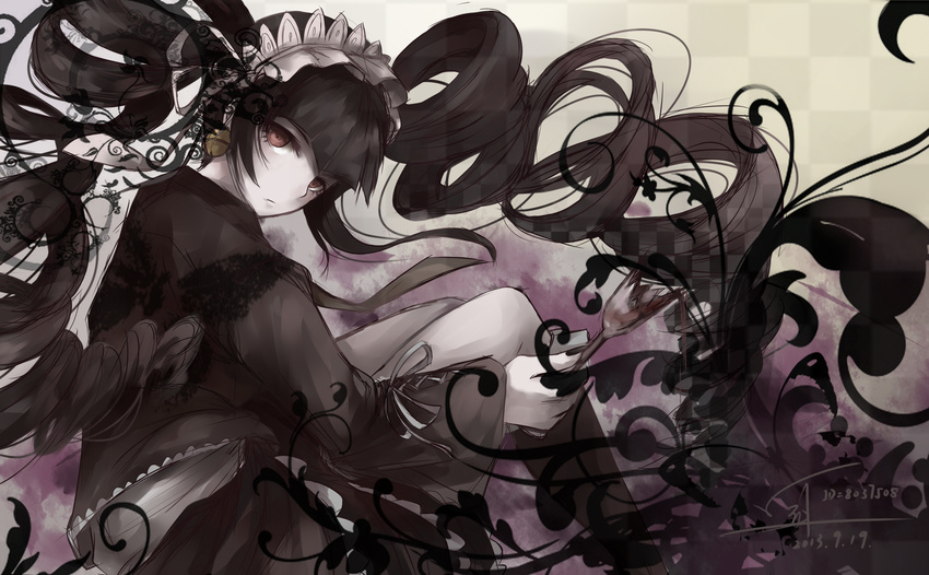 2013 alcohol bangs black_dress black_nails bottle broken_bottle celestia_ludenberck checkered checkered_background danganronpa danganronpa_1 dated dress drill_hair expressionless from_behind hairband highres holding lolita_hairband long_hair long_sleeves looking_at_viewer looking_back nail_polish pale_skin red_eyes signature sitting solo twin_drills twintails very_long_hair wine wine_bottle