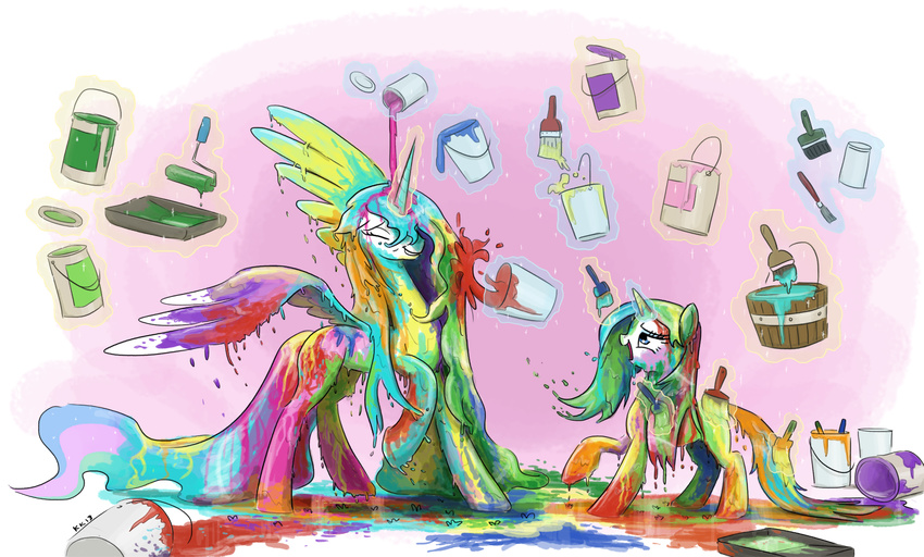 bucket equine eyes_closed female feral friendship_is_magic fur glowing hair horn horse king-kakapo long_hair magic mammal multi-colored_body multi-colored_fur multi-colored_hair multicolor_fur my_little_pony open_mouth paint paintbrush plain_background pony princess_celestia_(mlp) rarity_(mlp) royalty smile winged_unicorn wings