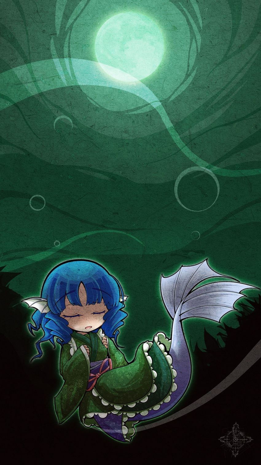 blue_hair drill_hair full_moon green_moon head_fins highres japanese_clothes kimono long_sleeves mermaid monster_girl moon nj42u6 obi open_mouth sash short_hair solo touhou underwater wakasagihime wide_sleeves