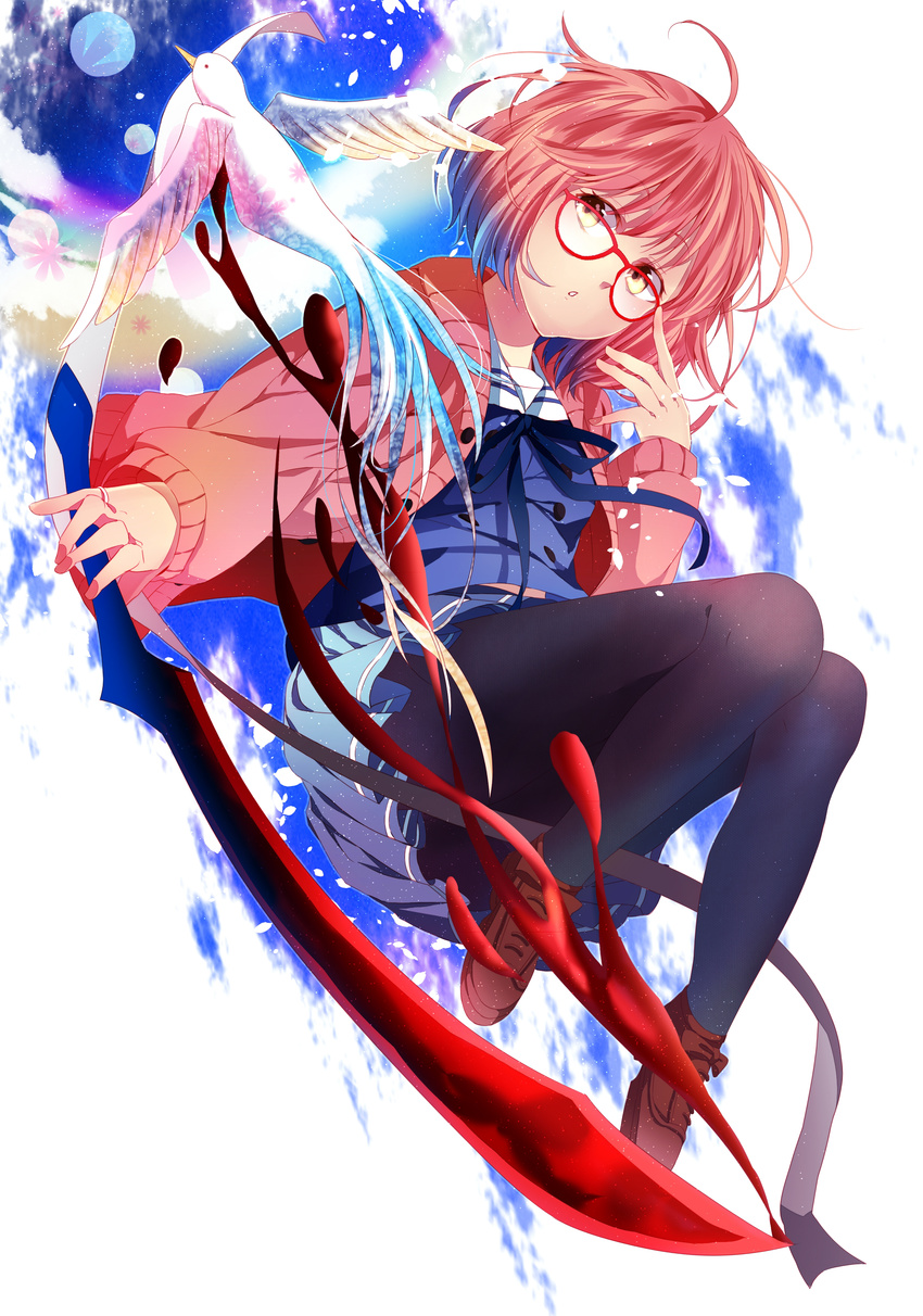 absurdres ahoge azuma_(1009ace) bad_id bad_pixiv_id bird black_legwear blood blood_sword blush bob_cut brown_hair cardigan glasses hemokinesis highres jewelry kuriyama_mirai kyoukai_no_kanata pantyhose red-framed_eyewear ring school_uniform serafuku short_hair skirt solo sword weapon yellow_eyes