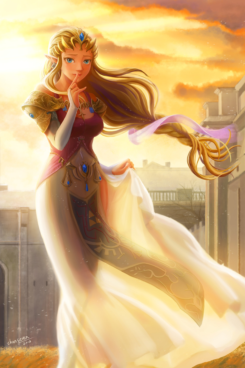 absurdres blonde_hair bridal_gauntlets chan_qi_(fireworkhouse) dress finger_to_mouth highres jewelry long_dress long_hair pointy_ears princess_zelda see-through shushing solo the_legend_of_zelda