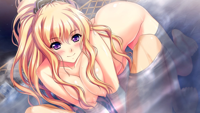 1girl all_fours areolae blonde_hair blush breast_hold breasts feet game_cg highres koi_mekuri_clover:_itsuka_no_kimi_he_yakusoku_no_ashita_wo koimekuri_clover large_breasts legs long_hair looking_at_viewer nipples nude onsen ponytail purple_eyes sitting smile thighs toes water