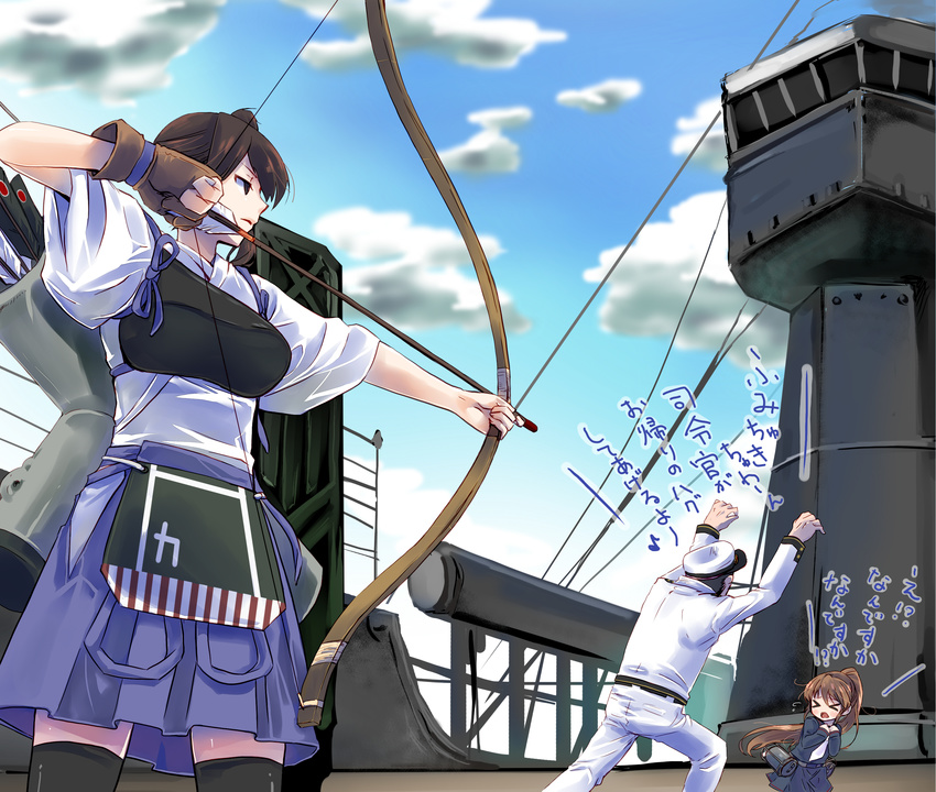 &gt;_&lt; 2girls absurdres admiral_(kantai_collection) archery armor arrow black_hair bow_(weapon) brown_eyes brown_hair closed_eyes depth_charge fumizuki_(kantai_collection) gloves hakama_skirt hat highres japanese_clothes kaga_(kantai_collection) kantai_collection kyuudou machinery military military_uniform multiple_girls muneate naval_uniform negativeundead open_mouth partly_fingerless_gloves ponytail quiver ship side_ponytail sweatdrop tasuki thighhighs translated uniform watercraft weapon yugake