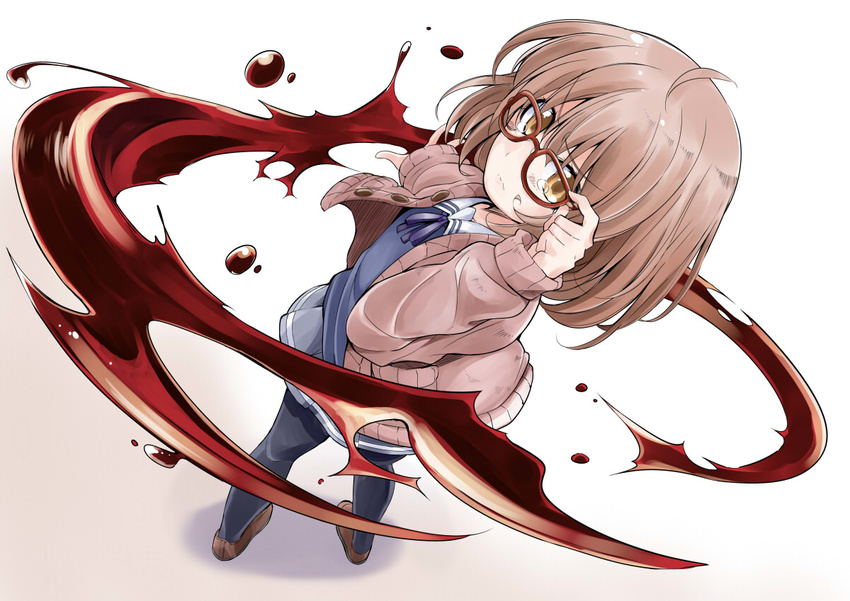 adjusting_eyewear ahoge bangs bibi black_legwear blood blouse blue_blouse blush bob_cut brown_eyes brown_footwear brown_hair cardigan from_above from_behind frown full_body glasses hair_over_eyes hand_up hemokinesis kuriyama_mirai kyoukai_no_kanata long_sleeves looking_at_viewer looking_back looking_up miniskirt open_cardigan open_clothes outstretched_arm pantyhose red-framed_eyewear school_uniform serafuku shoes short_hair skirt solo standing tears weapon white_background