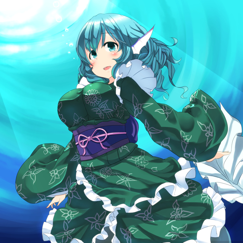 animal_ears blue_eyes blue_hair blush breasts bubble head_fins highres japanese_clothes karaage_(ta-na) kimono large_breasts long_sleeves mermaid monster_girl obi open_mouth sash short_hair smile solo touhou underwater wakasagihime water wide_sleeves
