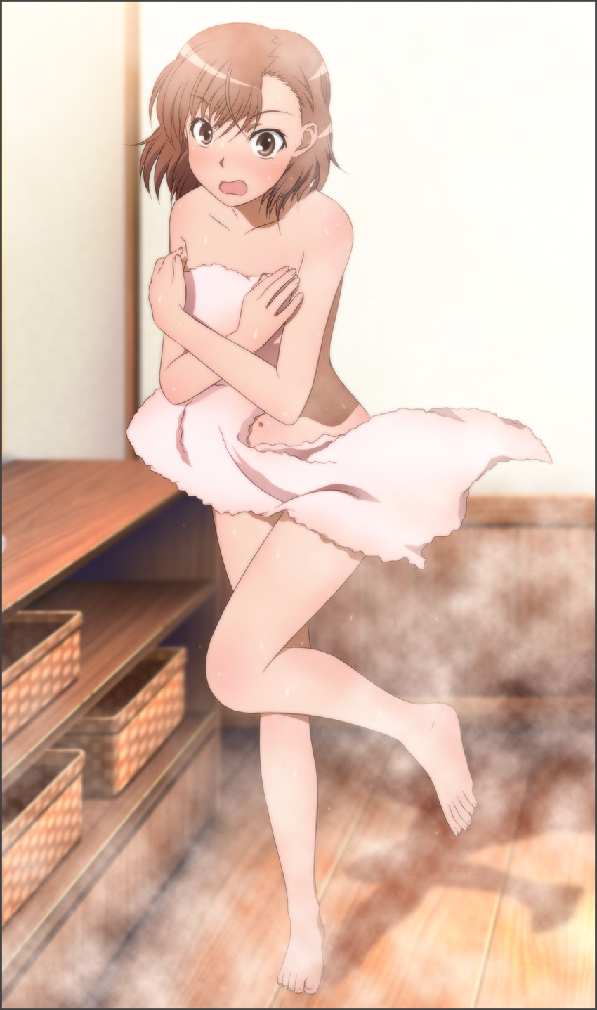 1girl bath bathroom blush brown_eyes brown_hair covering feet highres legs looking_at_viewer misaka_mikoto navel nude open_mouth short_hair standing steam surprised thighs to_aru_kagaku_no_railgun to_aru_majutsu_no_index toes towel yadokari_genpachirou