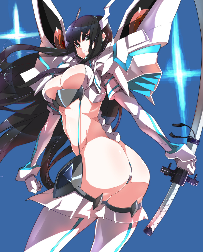 absurdres ass bakuzan black_hair blue_background elbow_gloves eyebrows frown gloves green_eyes highres junketsu katana kill_la_kill kiryuuin_satsuki long_hair looking_at_viewer makai revealing_clothes solo sword thighhighs weapon white_gloves white_legwear