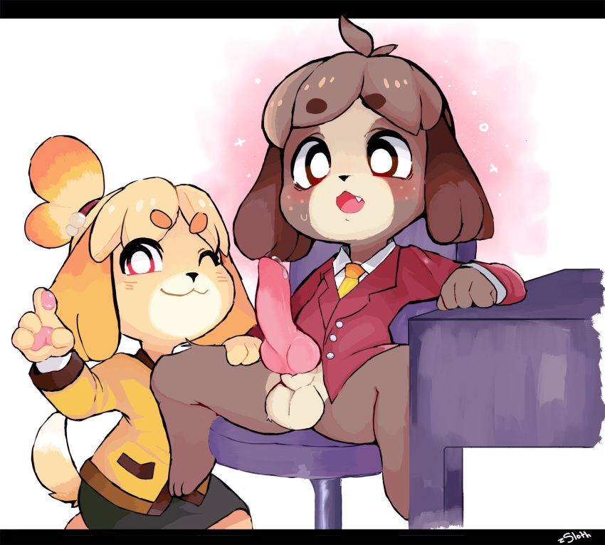 animal_crossing animal_genitalia animal_penis anthro balls blush bottomless brother brother_and_sister canine canine_penis clothed clothing digby_(animal_crossing) dog duo female hi_res isabelle_(animal_crossing) knot male mammal nintendo one_eye_closed penis shih_tzu sibling sister sitting video_games wink zsloth