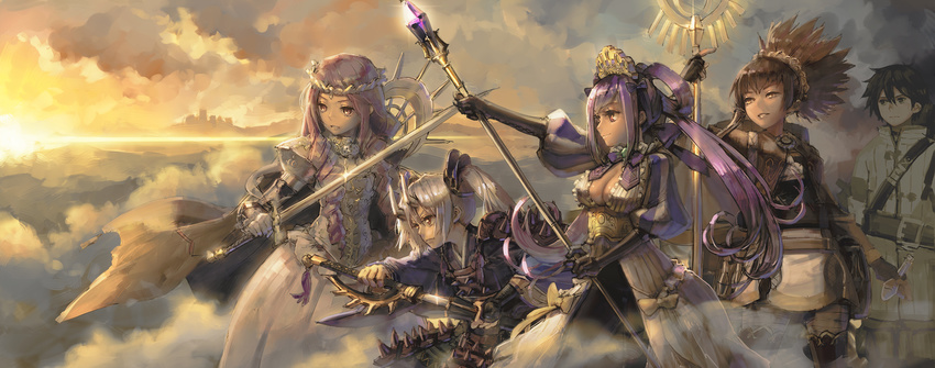 4girls armor aro_(charged_time_out) bad_id bad_pixiv_id breasts brown_eyes brown_hair chain_chronicle cleavage cloud dress gloves hair_ornament hero_(chain_chronicle) highres horns isabel_(chain_chronicle) juliana_(chain_chronicle) long_hair medium_breasts melvina_(chain_chronicle) multiple_girls pink_hair purple_hair red_eyes silver_hair smile staff sunset sword toka_(chain_chronicle) wand weapon