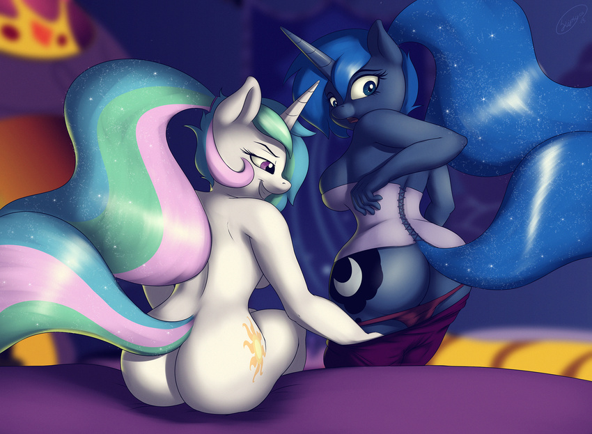 anthrofied blue_eyes breasts butt corset cutie_mark duo equine female friendship_is_magic fur grin hair hi_res horn incest looking_at_viewer mammal multi-colored_hair my_little_pony nude panties princess_celestia_(mlp) princess_luna_(mlp) purple_eyes purple_fur purple_hair sibling side_boob sisters skipsy sparkles underwear undressing unicorn white_fur