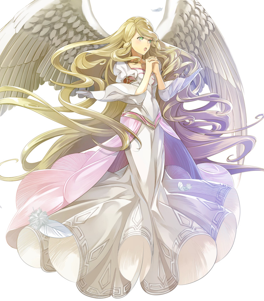 1girl bangs blonde_hair dress feathered_wings feathers fire_emblem fire_emblem:_akatsuki_no_megami fire_emblem_heroes full_body green_eyes hand_up hands_together highres interlocked_fingers leanne long_dress long_hair long_sleeves looking_away nintendo official_art open_mouth puffy_sleeves shiny shiny_hair transparent_background very_long_hair white_dress wide_sleeves wings