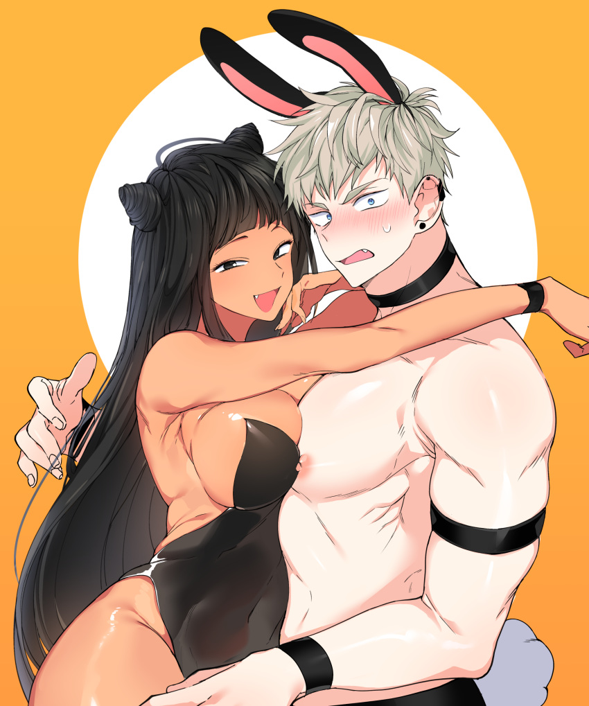 1boy 1girl alfi_(tok) animal_ears arms_around_neck black_earrings black_eyes black_hair blush breasts bunny_boy bunny_ears bunny_tail character_request choker circle cleavage dark_skin double_bun ear_piercing earrings fake_animal_ears fake_tail fang highres jewelry large_breasts leotard long_hair looking_at_viewer mabinogi merlin_(mabinogi) nipples open_mouth piercing shirtless short_hair simple_background smile stud_earrings sweatdrop tail white_hair yellow_background