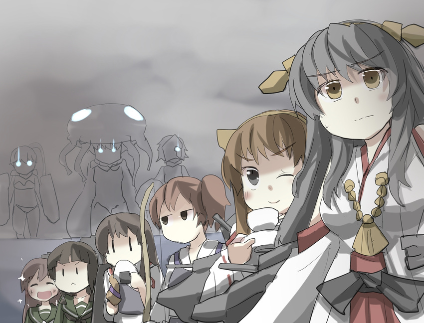:&lt; ^_^ akagi_(kantai_collection) black_hair brown_hair chi-class_torpedo_cruiser closed_eyes commentary cup food foreshortening from_below gaoo_(frpjx283) grey_eyes group_picture hairband haruna_(kantai_collection) highres kaga_(kantai_collection) kantai_collection kitakami_(kantai_collection) kongou_(kantai_collection) lineup long_hair multiple_girls nontraditional_miko one_eye_closed onigiri ooi_(kantai_collection) open_mouth parody ri-class_heavy_cruiser saucer shinkaisei-kan short_hair side_ponytail smile teacup wo-class_aircraft_carrier yellow_eyes |_|