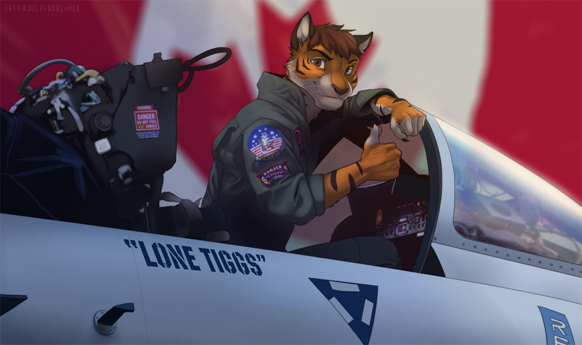 brown_hair canadian_flag feline fighter_jet hair koul male mammal military solo tiger vehicle