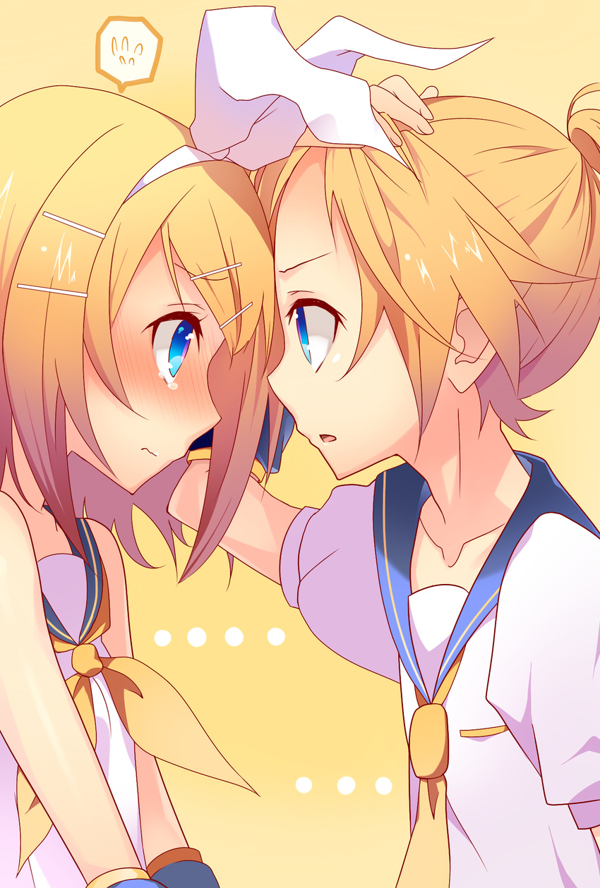 1girl bare_shoulders blonde_hair blue_eyes blush brother_and_sister embarrassed eye_contact hair_ornament hair_ribbon hairclip highres kagamine_len kagamine_rin looking_at_another necktie open_mouth ribbon sailor_collar short_hair siblings tears temari_(deae) twins vocaloid yellow_neckwear