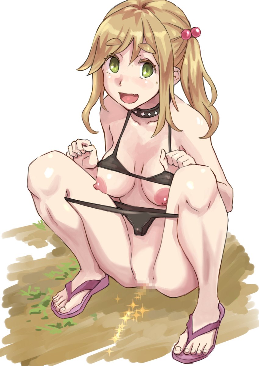 :d bekkouame bikini bikini_lift bikini_pull black_bikini breasts breasts_apart brown_hair censored clenched_hands collar collarbone eyebrows_visible_through_hair fang green_eyes hair_between_eyes hair_bobbles hair_ornament highres inuyama_aoi long_hair looking_at_viewer medium_breasts mosaic_censoring nipples open_mouth outdoors peeing revision sandals shiny shiny_skin side_ponytail smile solo sparkle spiked_collar spikes squatting swimsuit thick_eyebrows white_background yurucamp