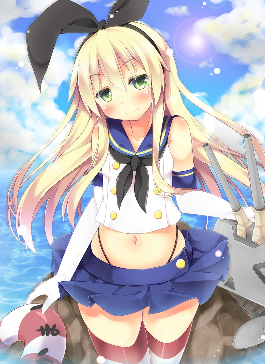 &gt;_&lt; absurdres bad_id bad_pixiv_id blonde_hair blush breasts closed_eyes cloud day elbow_gloves gloves green_eyes hair_ribbon highres kantai_collection koushuu_aki lens_flare lifebuoy long_hair looking_at_viewer microskirt midriff navel panties rensouhou-chan ribbon shimakaze_(kantai_collection) skirt sky small_breasts solo striped striped_legwear sun thighhighs underwear