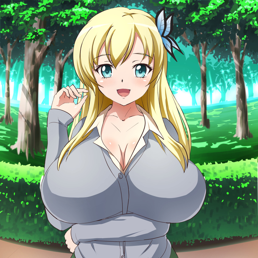 1girl aqua_eyes blonde_hair boku_wa_tomodachi_ga_sukunai breasts butterfly cleavage female hair_ornament highres huge_breasts kashiwazaki_sena long_hair mont_blanc_(heartcatch_ayaya) open_mouth outdoors park shirt solo standing upper_body